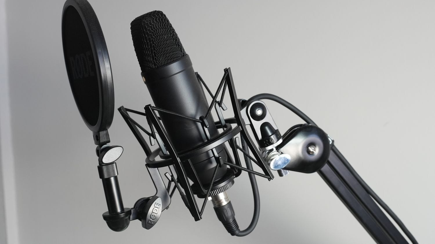 A microphone in a shock mount with a pop filter.